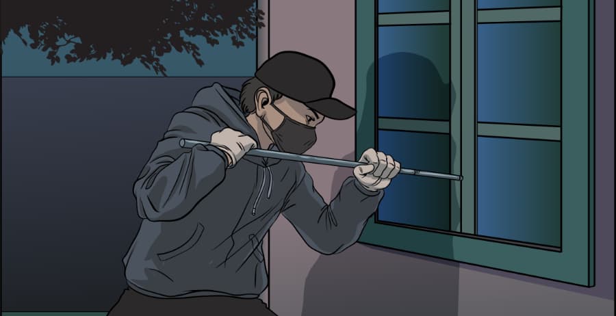 Illustration of burglar forcing entry through a window in Tyler