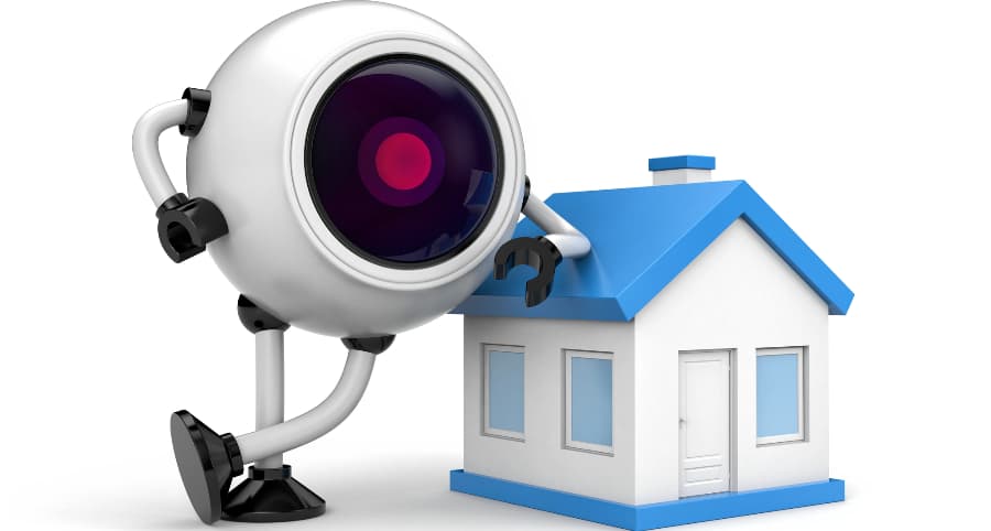 Graphic of a surveillance robot next to a house.